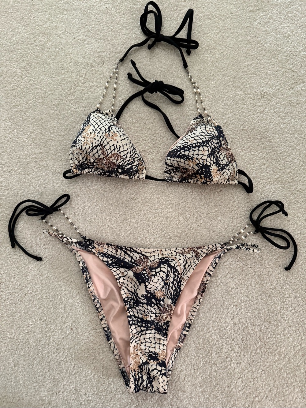 Agent Provocateur Pearl Detail Tie Side Triangle Bikini Set Sz 2 Snake Print